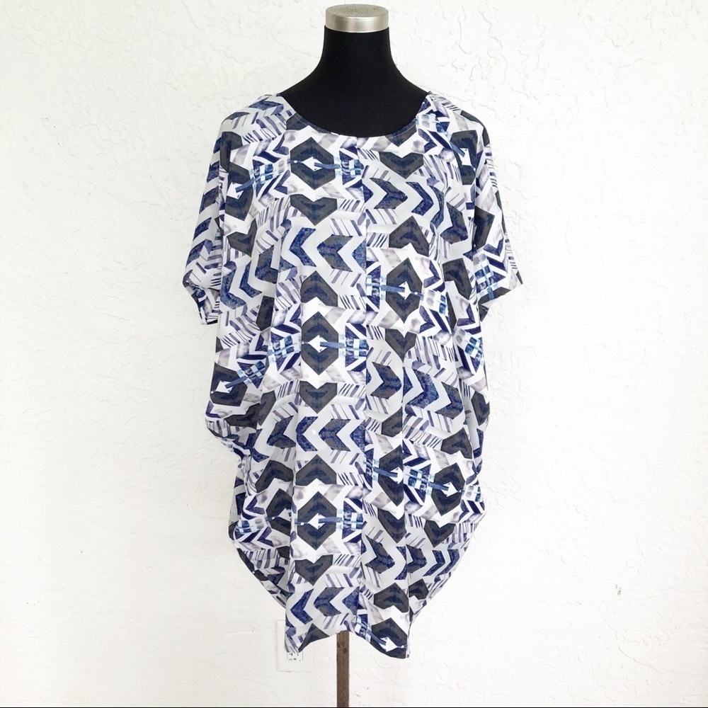 ICHI Zara Geometric Ikat Graphic Print Short Sleeve Tunic Top Dress Small